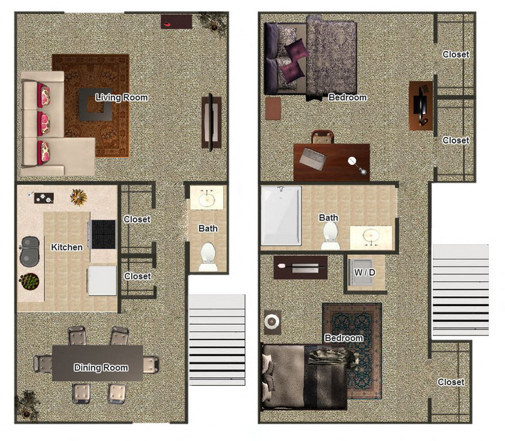 Floor plan for 2 beds, 1.5 baths, 1055 sqft